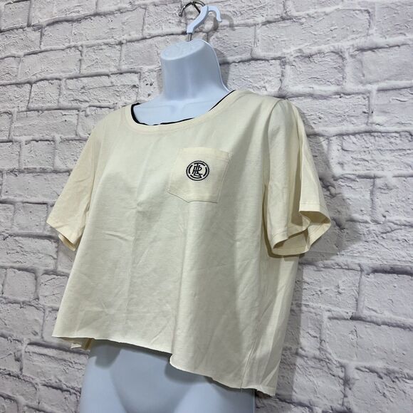 Lauren Active Ralph Lauren Crop Top Womens 1X Cream Cotton Raw Hem Pocket Logo T - Picture 4 of 13